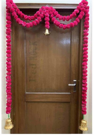 Sphinx Artificial Marigold Fluffy Flowers Small Door Toran 100 x 152 cms Dark Pink 1