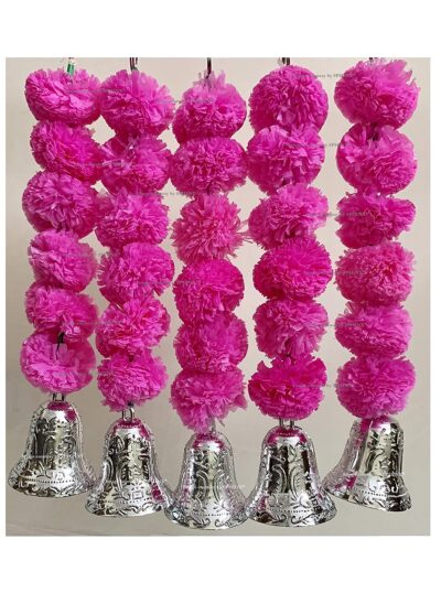 SPHINX Artificial Marigold Fluffy Flowers and Golden Silver Hanging Bells Short Garlands Latkans for Decoration Approx 1.2 ft Pack of 5 Strings baby pink 1