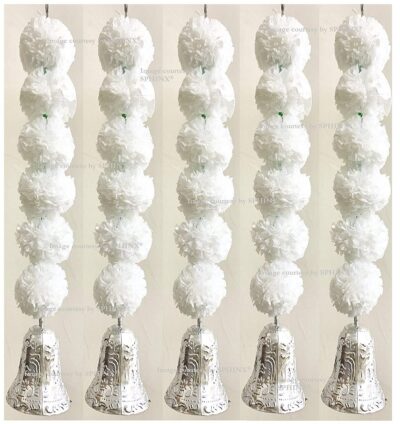 SPHINX Artificial Marigold Fluffy Flowers and Golden Silver Hanging Bells Short Garlands Latkans for Decoration Approx 1.2 ft Pack of 5 Strings baby white 1