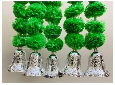 SPHINX Artificial Marigold Fluffy Flowers and Golden Silver Hanging Bells Short Garlands Latkans for Decoration Approx 1.2 ft Pack of 5 Strings green 2