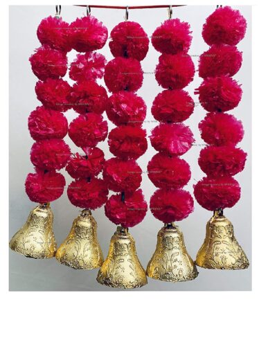 SPHINX Artificial Marigold Fluffy Flowers and Golden Silver Hanging Bells Short Garlands Latkans for Decoration Approx 1.2 ft Pack of 5 Strings rani dark pink 1