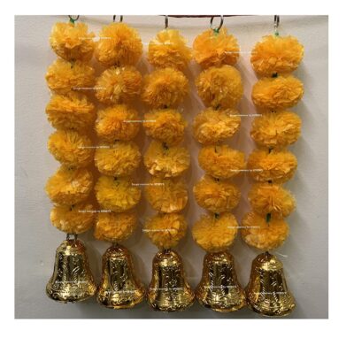 sphinx artificial marigold fluffy flowers with bells short garlands latkans 1.2 ft. light orange 1a