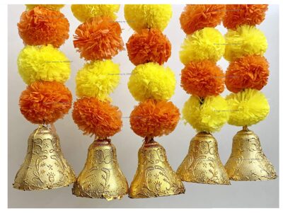 sphinx artificial marigold fluffy flowers with bells short garlands latkans 1.2 ft. yellow and dark orange 2