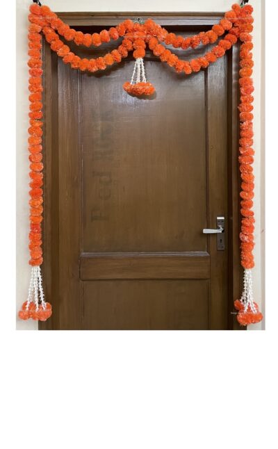 Sphinx artificial marigold fluffy flowers and tuberose (rajnigandha) big door toran dark orange 1