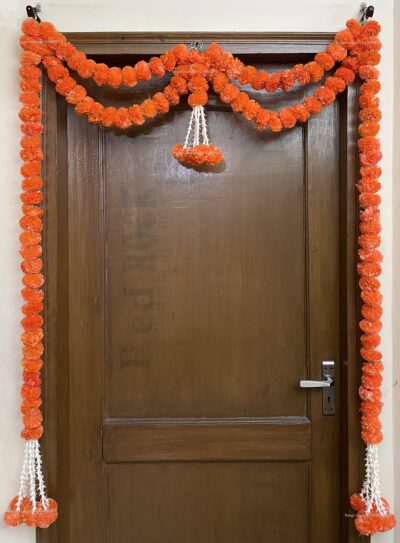 Sphinx artificial marigold fluffy flowers and tuberose (rajnigandha) big door toran dark orange 2