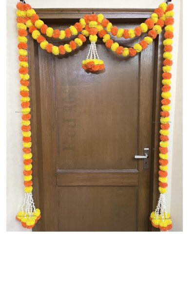 Sphinx artificial marigold fluffy flowers and tuberose (rajnigandha) big door toran yellow and dark orange 1