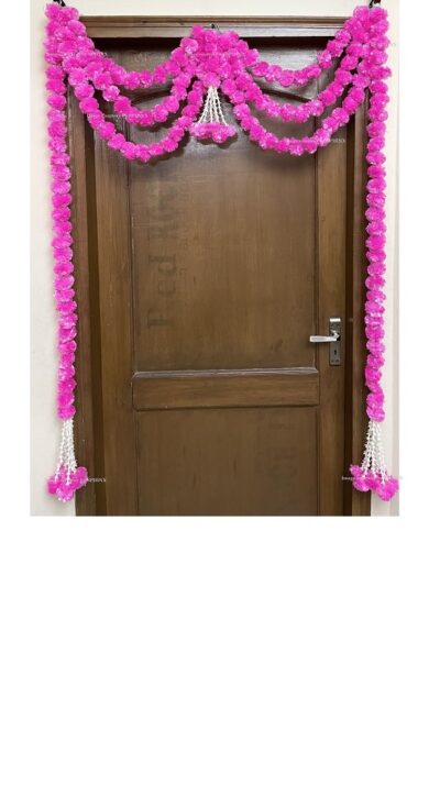 Sphinx artificial marigold fluffy flowers and rajnigandha buds triple line big door toran baby pink 1