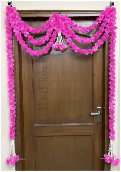 Sphinx artificial marigold fluffy flowers and rajnigandha buds triple line big door toran baby pink 2
