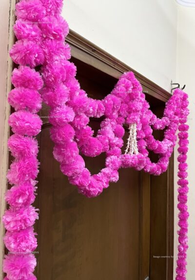 Sphinx artificial marigold fluffy flowers and rajnigandha buds triple line big door toran baby pink 4