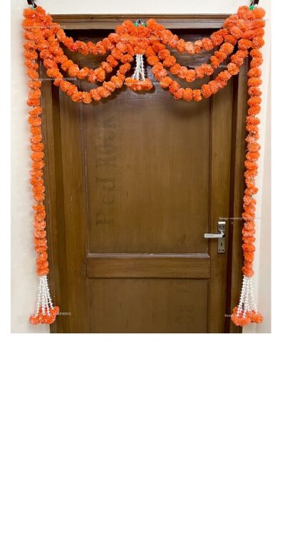 Sphinx artificial marigold fluffy flowers and rajnigandha buds triple line big door toran dark orange 1