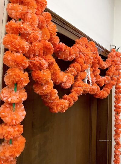 Sphinx artificial marigold fluffy flowers and rajnigandha buds triple line big door toran dark orange 5