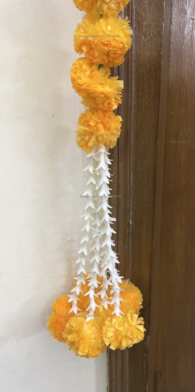 Sphinx artificial marigold fluffy flowers and rajnigandha buds triple line big door toran light orange 6