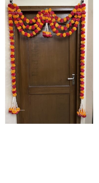 Sphinx artificial marigold fluffy flowers and rajnigandha buds triple line big door toran light orange and red 1