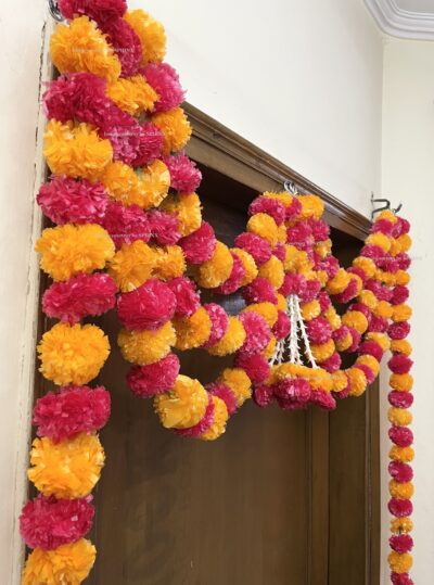 Sphinx artificial marigold fluffy flowers and rajnigandha buds triple line big door toran light orange and red 5
