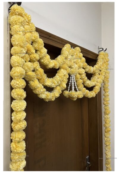 Sphinx artificial marigold fluffy flowers and tuberose rajnigandha triple line door toran cream 4