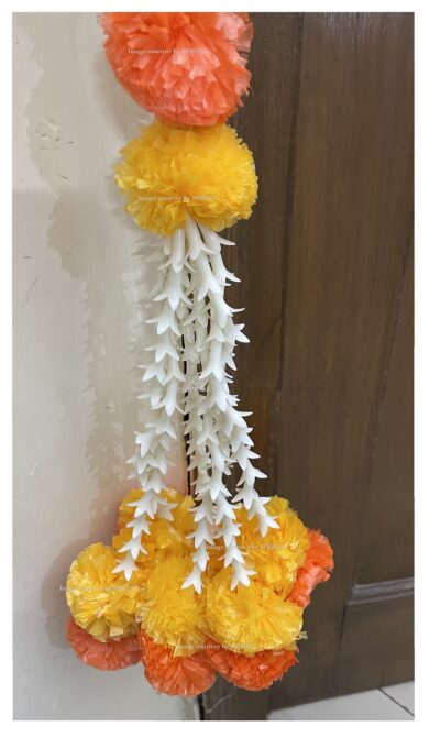 Sphinx artificial marigold fluffy flowers and tuberose rajnigandha triple line door toran light and dark orange 6