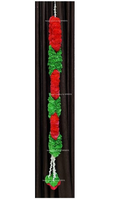 Sphinx artificial marigold fluffy flowers rope design garlands pack of 2 – red and green 3