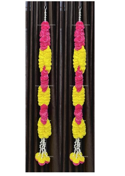 Sphinx artificial marigold fluffy flowers rope design garlands pack of 2 – yellow and dark pink rani 2