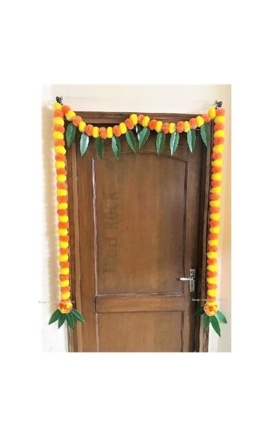 sphinx artificial fluffy marigold and mango leaves door toran single line mid section big door toran 1