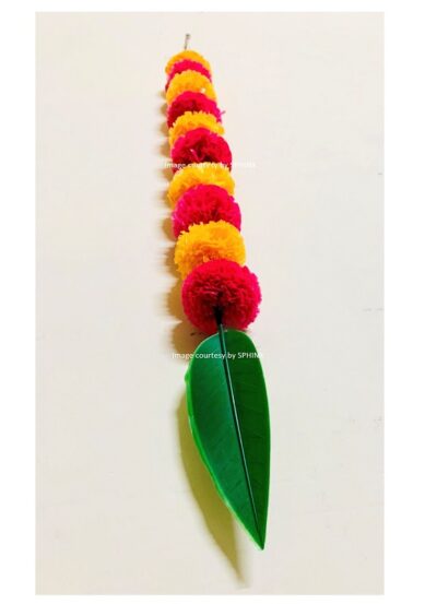 sphinx artificial marigold flowers and mango leaves garlands for decoration pack of 6 light orange and red approx. 1.5 ft 3